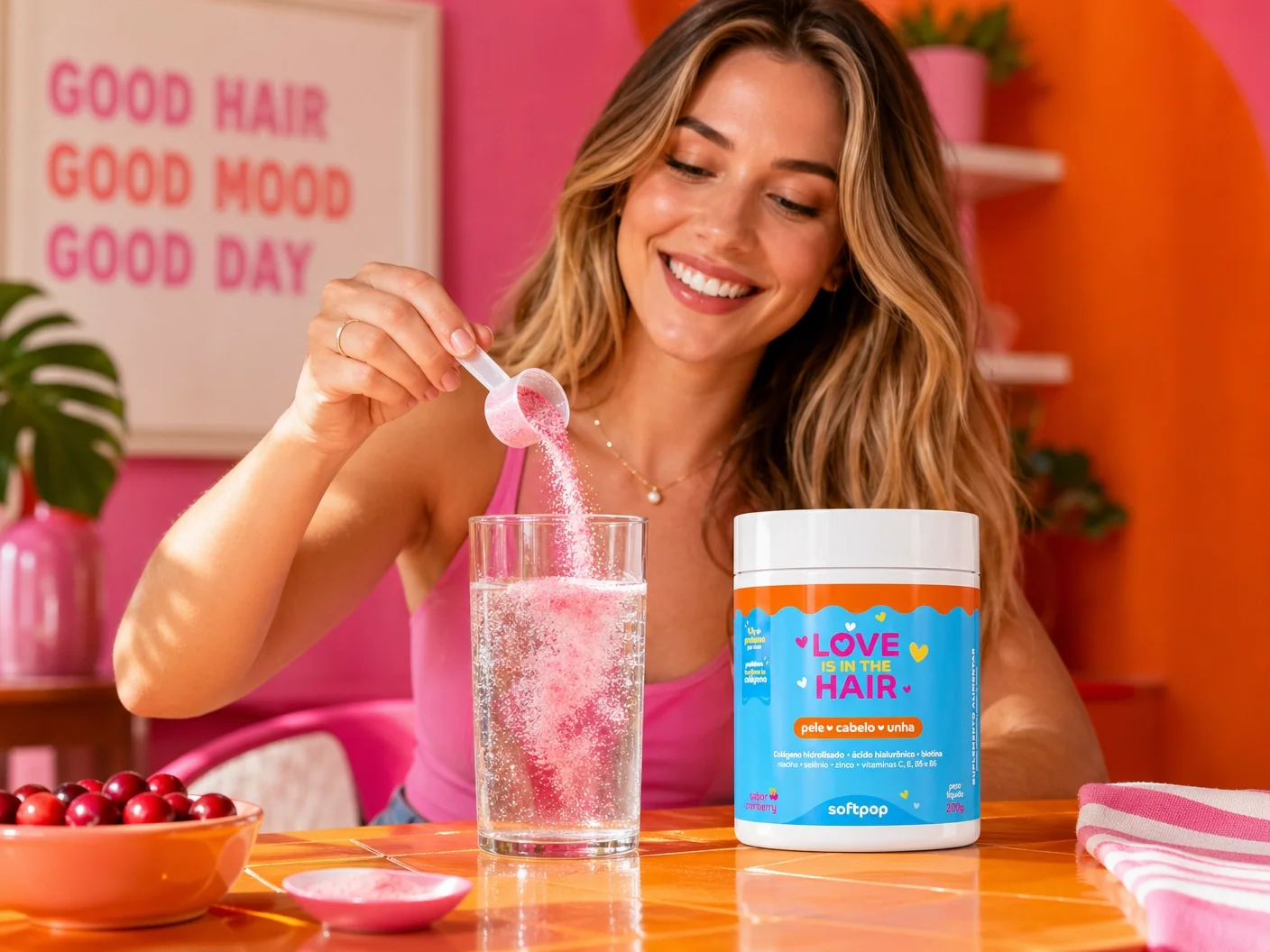 Mulher servindo Softpop colágeno em copo com água com gás