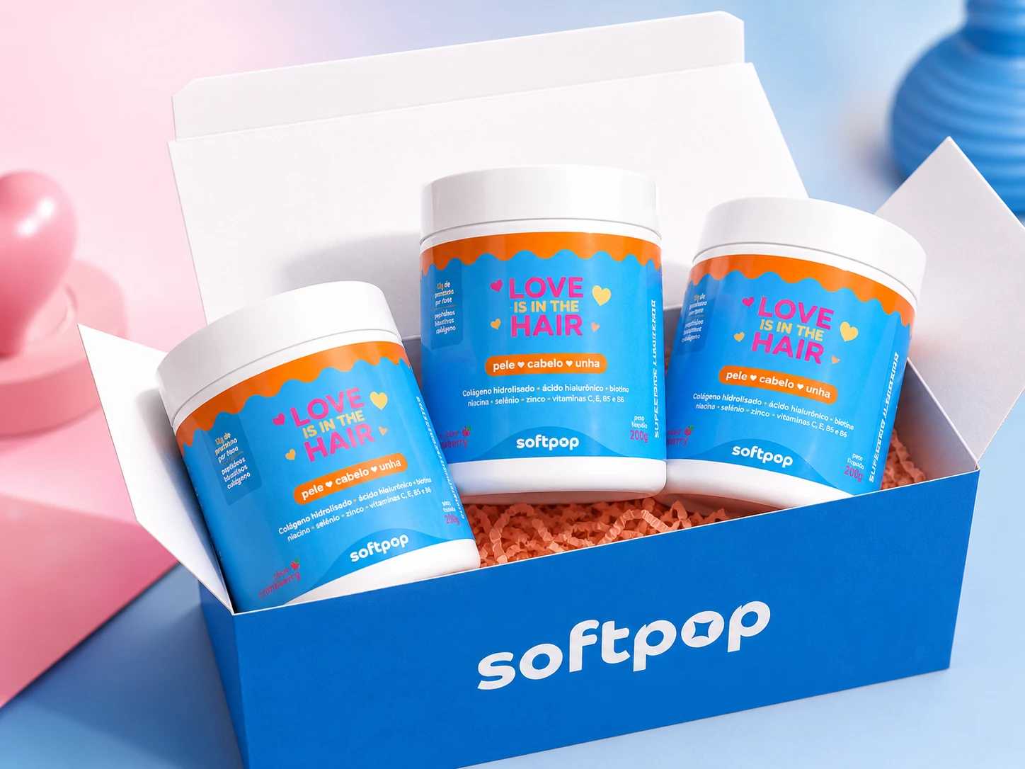 Kit Softpop Love is in the Hair com 3 potes em caixa azul